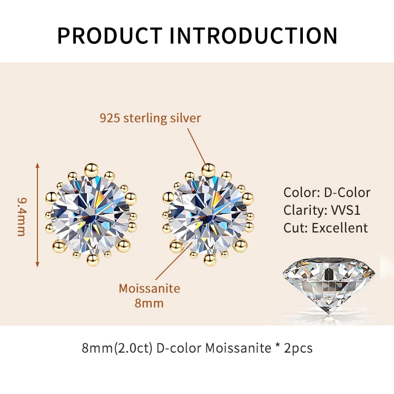 Lnngy Single 2.0ct Moissanite Stud Ear Women 925 Sterling Silver Fashion Earrings For Wedding Engagement Elegant Jewelry Gift