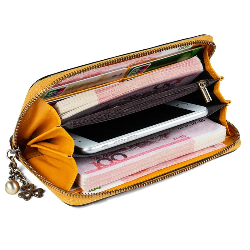 MOTAORA Vintage Genuine Leather Women's Long Wallet | RFID Protected Zipper Purse with Card Holders & Phone Pocket
