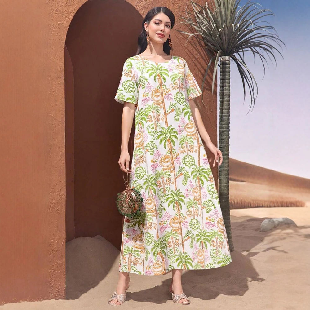 Rafiah Women's Arabian Dress Summer Fashion Vacation Full Print Short Sleeve Round-Neck Midi A-Line Long Daily Dress