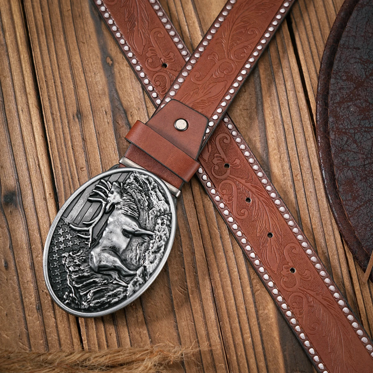 Men - Women - Western Denim - pu leather - Belt - Vintage jeans with carved buckle belt