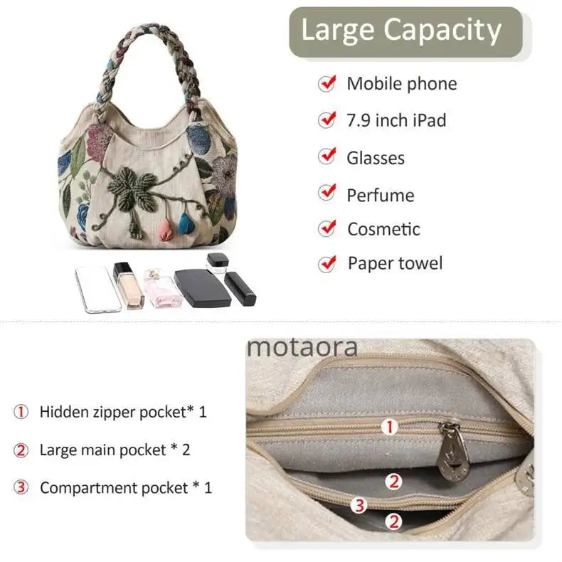 MOTAORA Women Handbags Vintage Canvas Bag Ladies Canvas Handbag Casual 2025 Woven Small Handbag Fabric Gout Craft Female Handbag