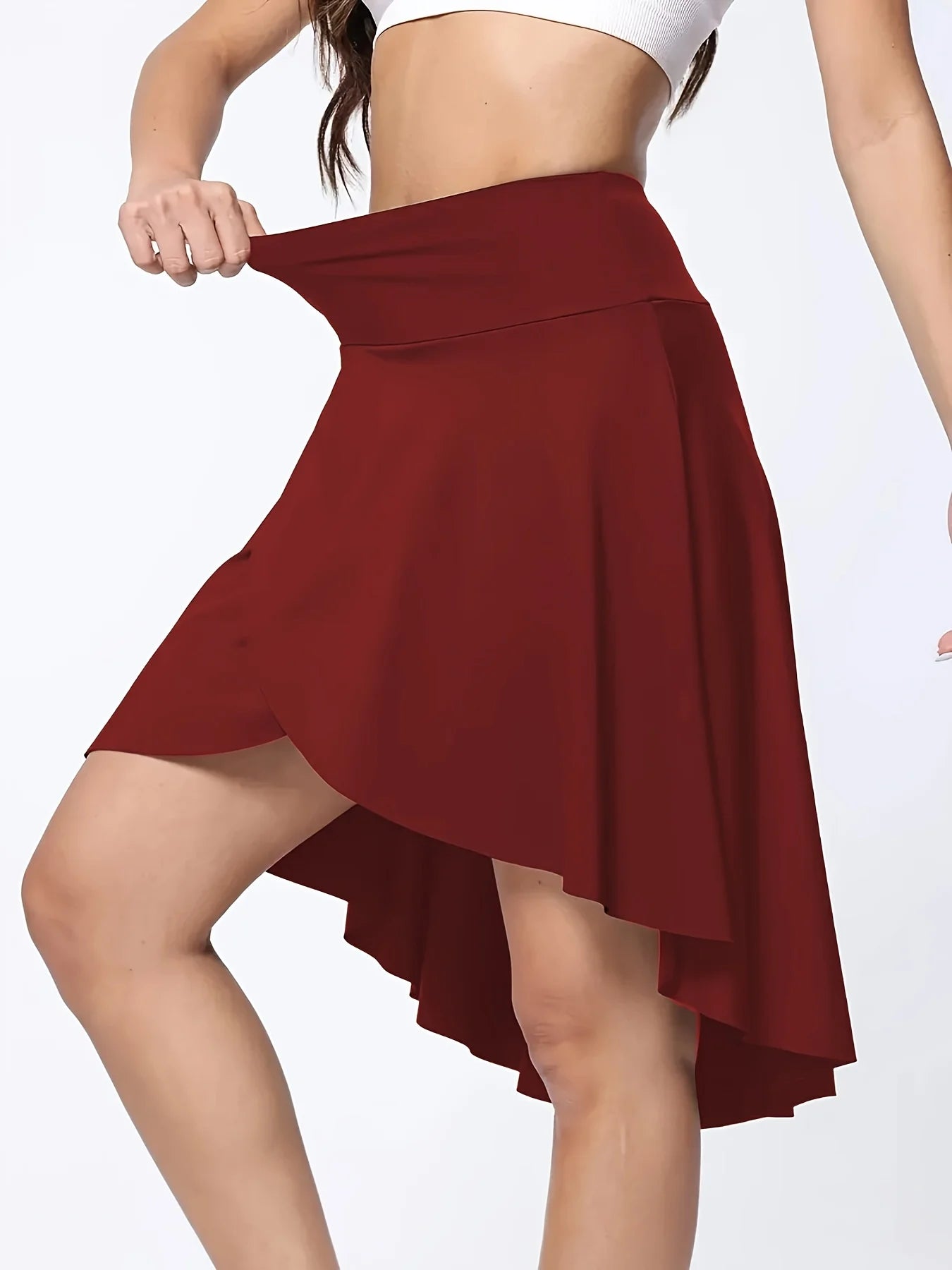Women's summer high waisted long sports short skirt with shorts, asymmetrical hem, side slit, and pockets