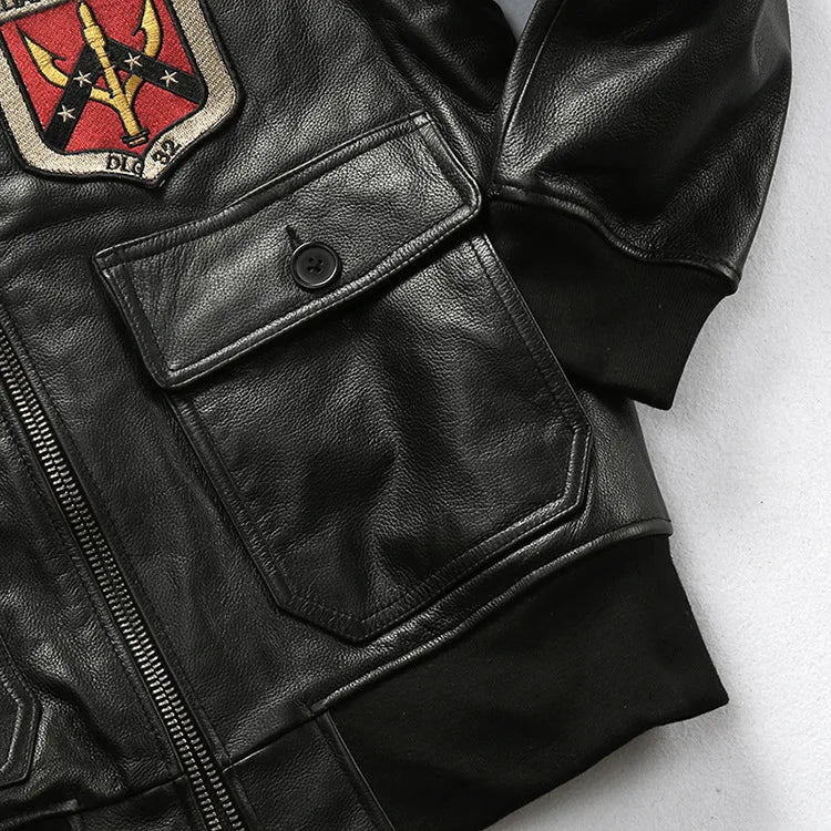Top Gun Genuine Cowhide Leather Jacket with Wool Collar – Embroidered Unisex Motorcycle Coat