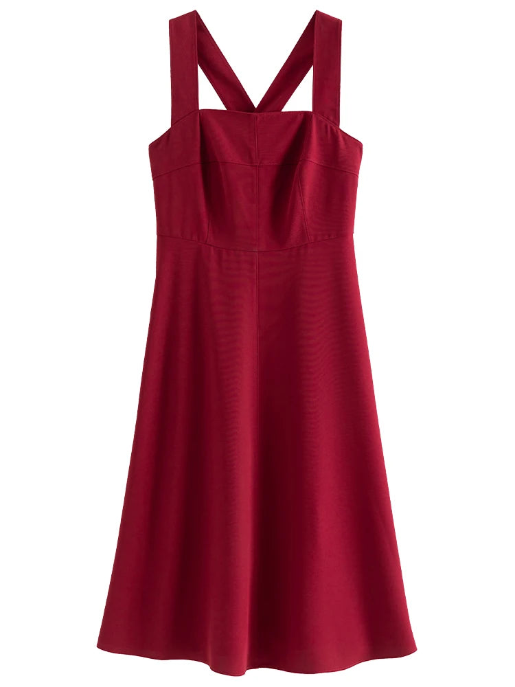 DUSHU French Style Suspender Dress for Women Summer Chic Style Red Square Collar Slim Mid-length Elegant Dress Female 24DS82114
