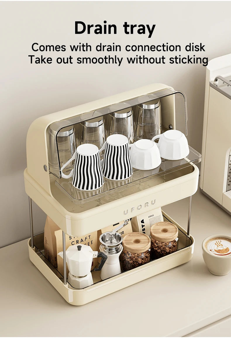 UFORU Dust-proof drain cup holder multi-function household teacups with cover large capacity milk bottle coffee cup organizer