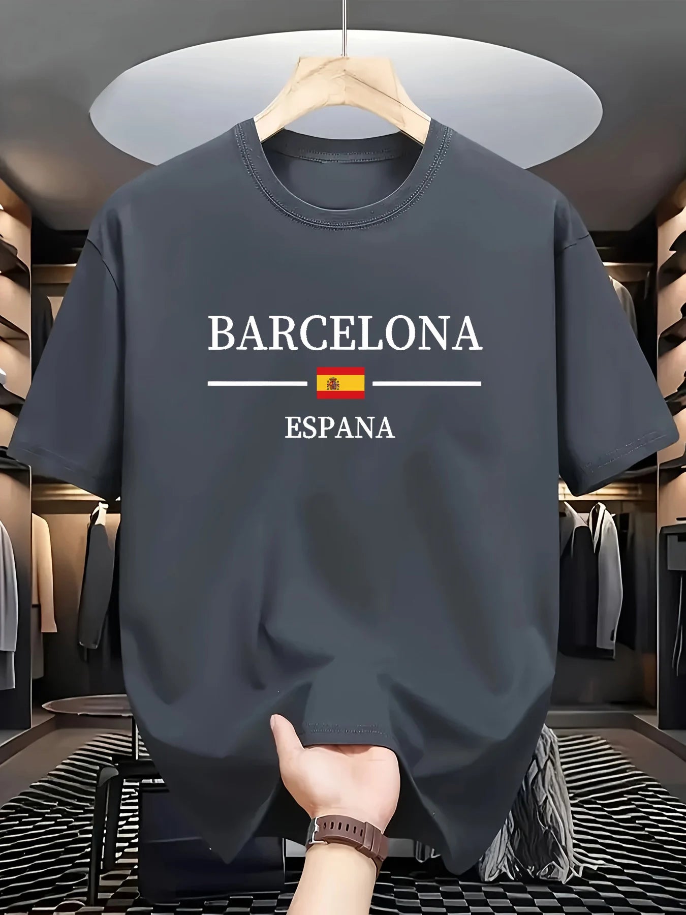 Summer men's 100% pure cotton casual sports loose Barcelona Spanish letter printed comfortable round neck short sleeved T-shirt