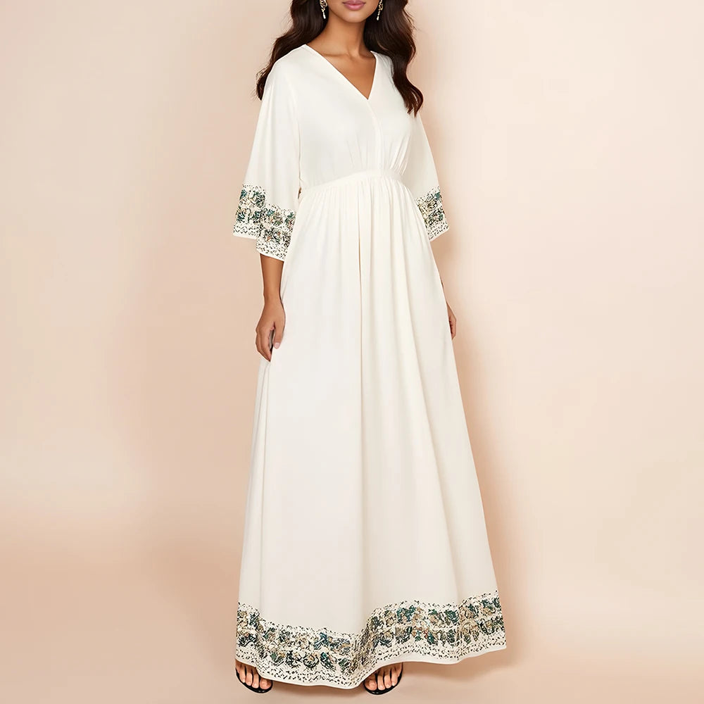 Rafiah Autumn Arabian Long Dress 2025 Decent Elegant Graphic Printing Long Sleeve V-Neck Midi Dresses Daily Dress For Women