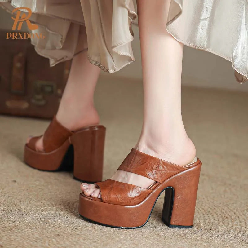 Women's Genuine Leather Chunky High Heels Open Toe Sandals Black Brown Size 39