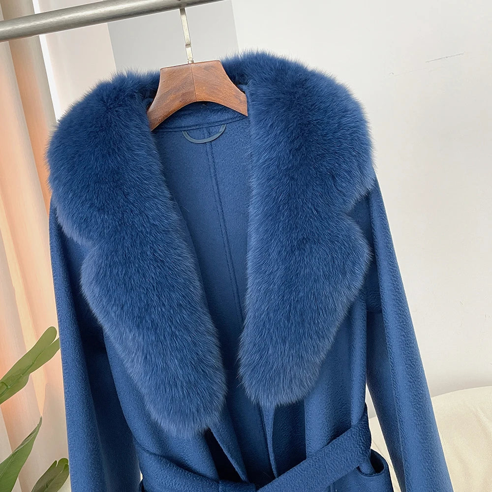GENHUA 2025 New Casual Fur Coat for Ladies Winter Wool Long Fur Ladies Natural Real Fox Fur Collar Jacket for Ladies Warm Coat