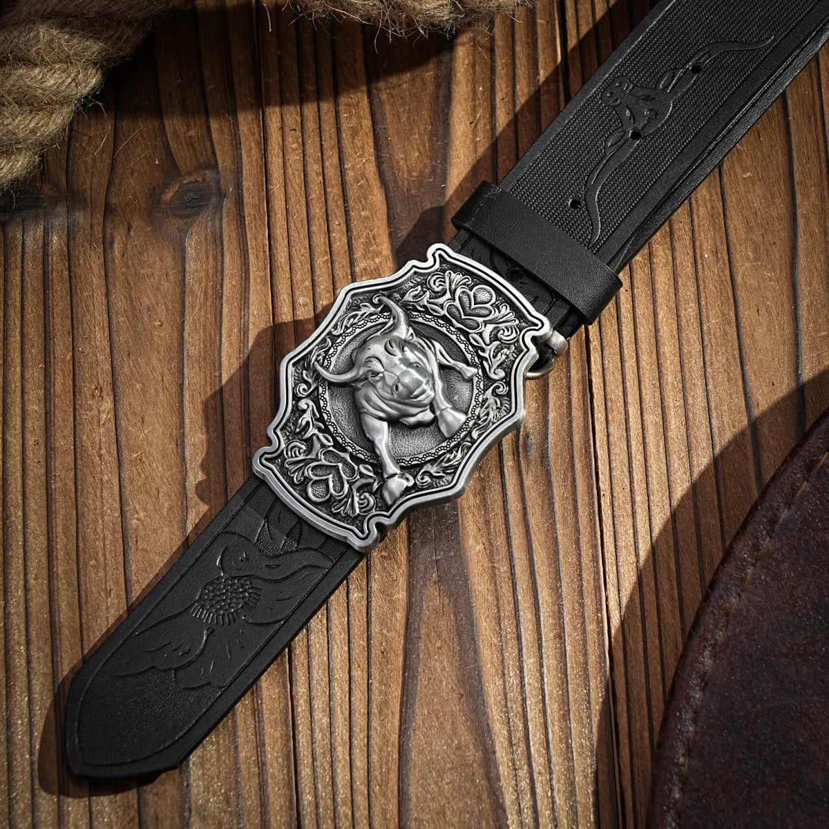 Western denim PU Belt - men's decorative printed carved denim waistband