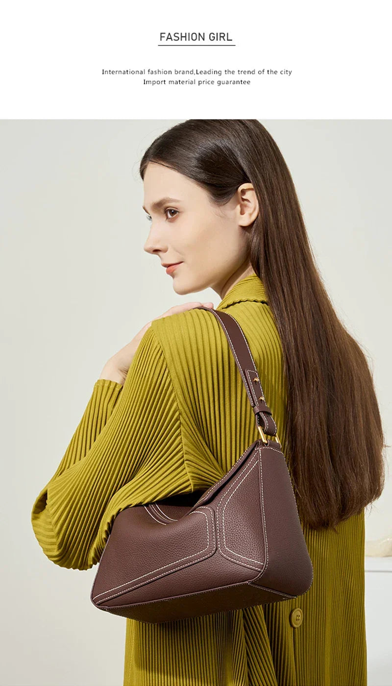 Women Genuine Leather Pillow Shoulder Bag – Geometric Design – Coffee, Khaki, Brown