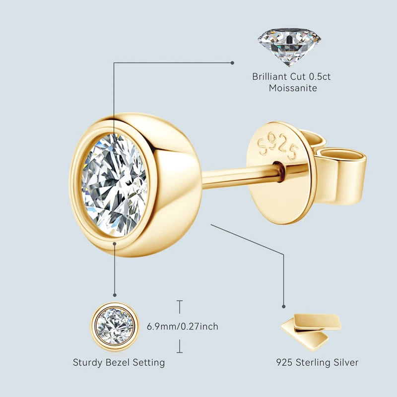 Lnngy 925 Sterling Silver Stud Earring D-Color 5mm 6.5mm Round Cut Bezel Moissanite Simple Bubble Earrings For Women Jewelry
