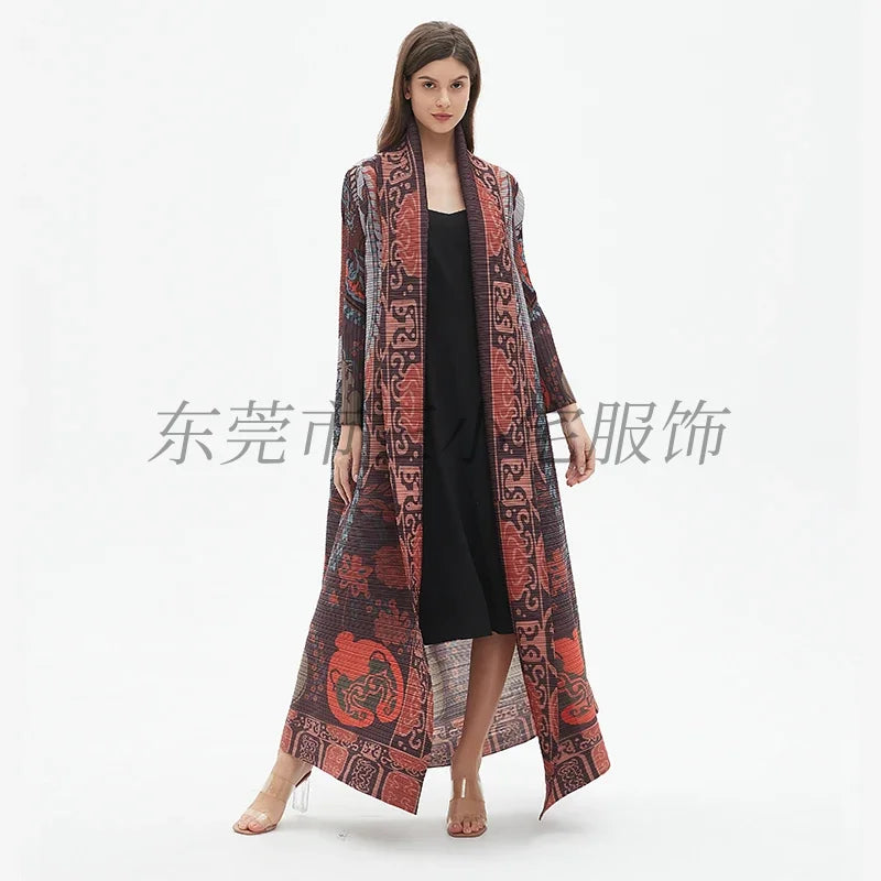 KAF Pleated Women Large Size Trench Coat 2024 Spring and Autumn New Vintage Printed Design Female Robe Arab Luxury Abaya