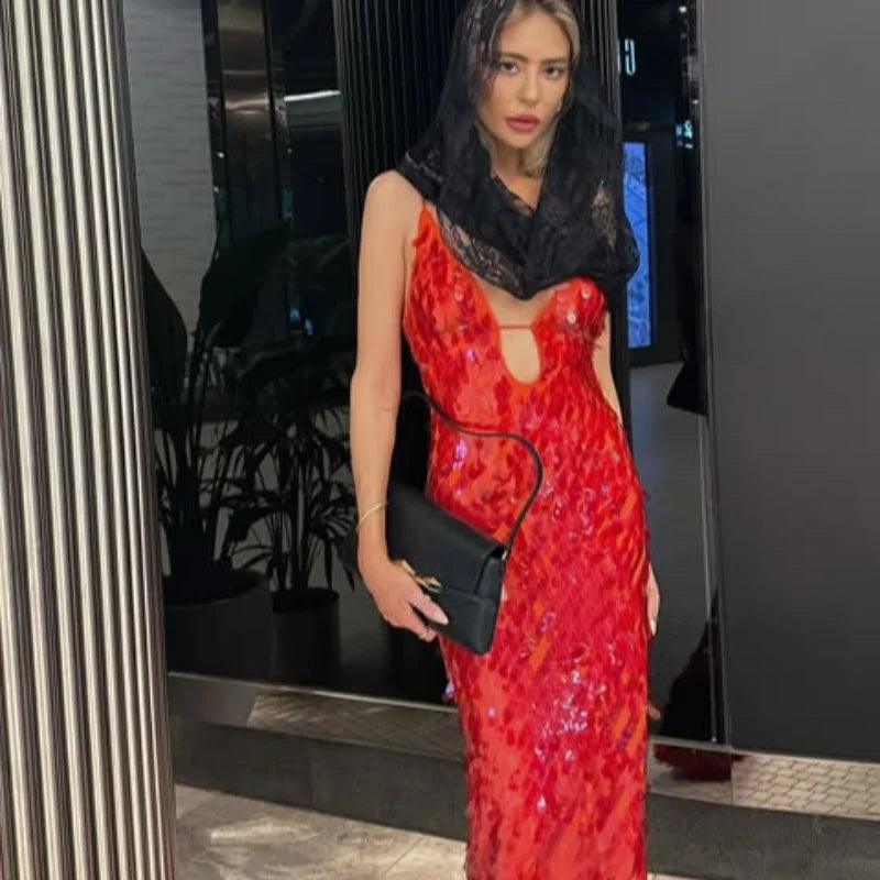 Glitter Sequins Spaghetti Strap Evening Gown – Women’s Sleeveless Backless Floor-Length Party Dress