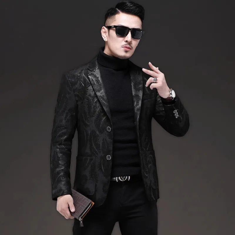 Business Men Work Slim Fit Real Sheepskin Genuine Leather Jacket Spring Autumn Floral Printed Single Breasted Blazer Suit Coat