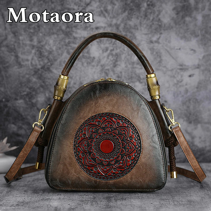 MOTAORA Bamboo Top Handle Embossed Leather Shoulder Bag, Vintage Bohemian Crossbody Purse for Women Handmade Large Capacity Tote