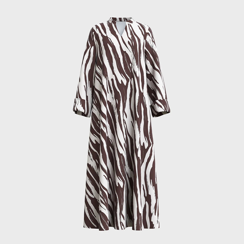 Plus Size Rafiah Women's Summer Arabian Dress 2025 Zebra-Stripe Contrast Color Long Sleeve Half Open Collar Long Dress