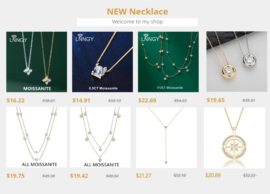 Lnngy Sparkling 3mm&1.8mm Round Moissanite Necklace 925 Sterling Silver Fashion V-Shape Necklaces for Women Fine Jewelry Gift