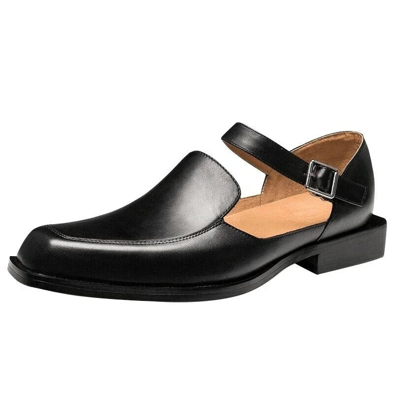 Black Men Summer Sandals – PU Leather Square-Toe Dress Shoes with Buckle Strap (EU 38–48)