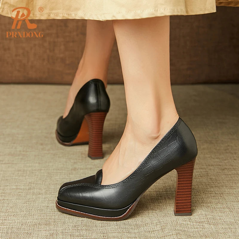 Women’s Genuine Leather Retro Platform High Heels – Black & Brown