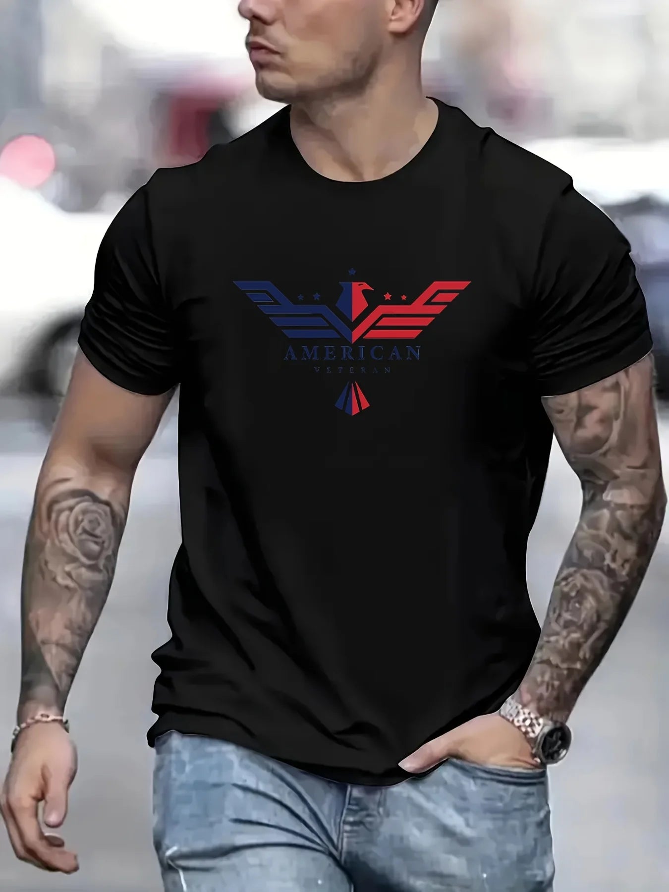 Men’s Summer 100% Cotton Bald Eagle USA Print T-Shirt