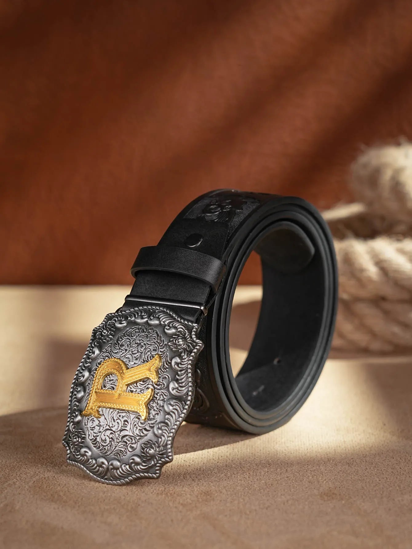 Western Cowboy PU Leather Belt - Men Waist Strap Bull Decoration Floral Engraved for Jeans