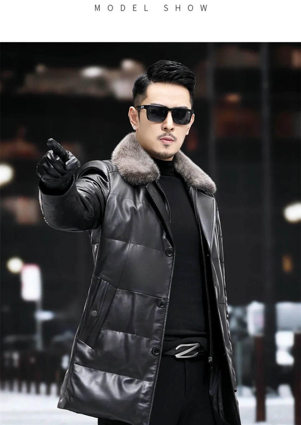 Men's Leather Jacket, Mid-Length, Lapel, Single Breasted Down Jacket, Mink Collar, Sheepkin, Thick Coat, Autumn and Winter