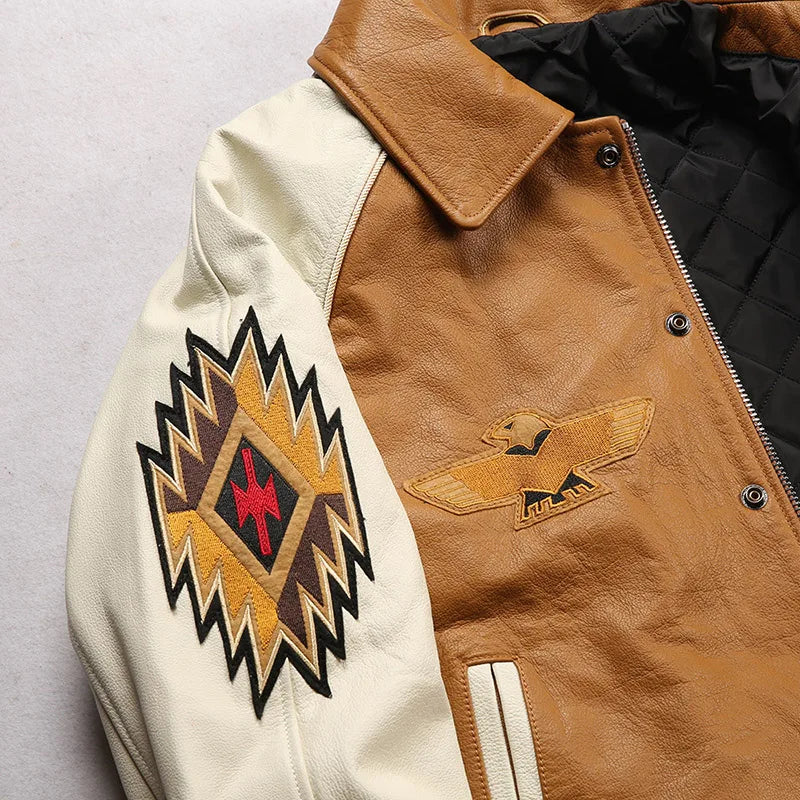 Men large size leather jacket flight suit jacket printed big chief embroidery casual sports yellow cowhide leather jackets tops