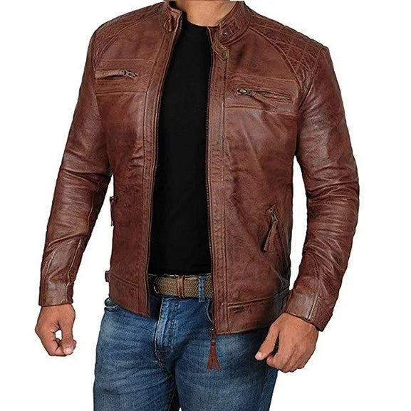 2024 New Spring and Autumn Men's Fashion Handsome Leather Coat Stand Collar Punk Motorcycle Leather Jacket Faux Leather
