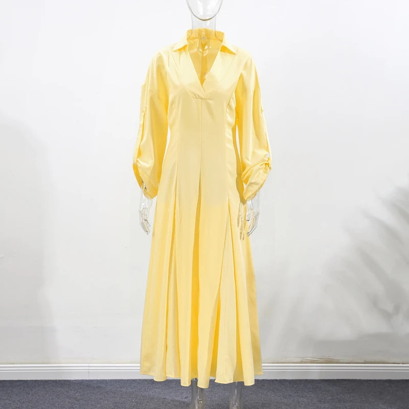 Elegant Lapel Waist-Cinched Pleated Shirt Dress – Women’s Half Sleeve Floor-Length Summer Style
