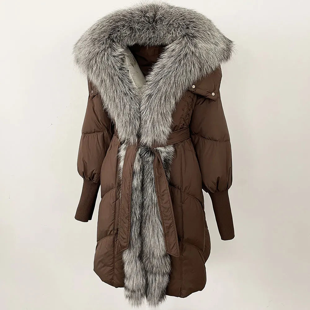 2025 Autumn Winter Women Coat Real Natural Fox Fur Long Down Jacket Thick Warm Casual Hooded White Duck Down Elegant Overwears