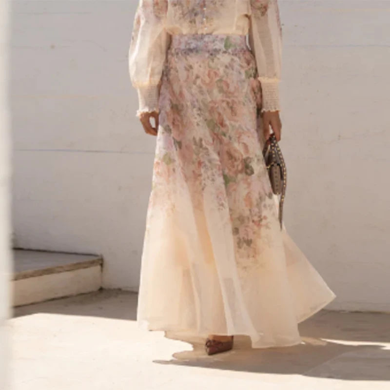 Floral Printed Two-Piece Skirt Set – Loose Full Sleeve Shirt & Pleated Maxi Skirt
