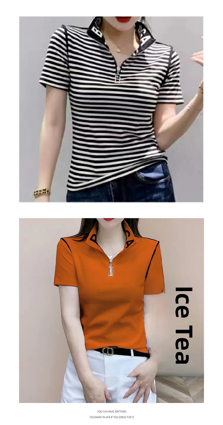 ort Sve T-irt Women's Summer New Faion irt Zipper Collar Mom's Clothes Anti-Aging Base Layer Top Polyester Fiber