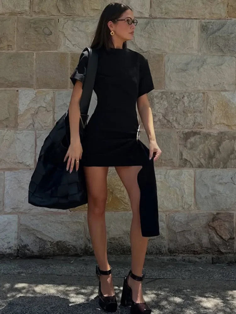 Women's Luxury Black Draped Mini Dress – Metal Buckle, O-Neck, Bodycon Fit