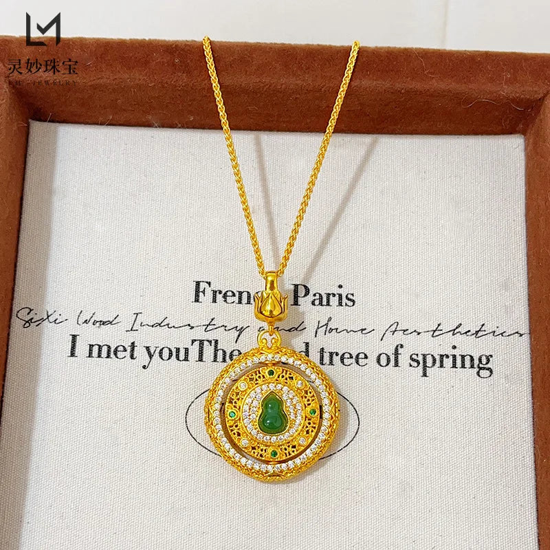 Women's 24K Gold Rotatable Hollow Pendant, AU999 | Distressed hollow-texture, rustic elegance for everyday grace.