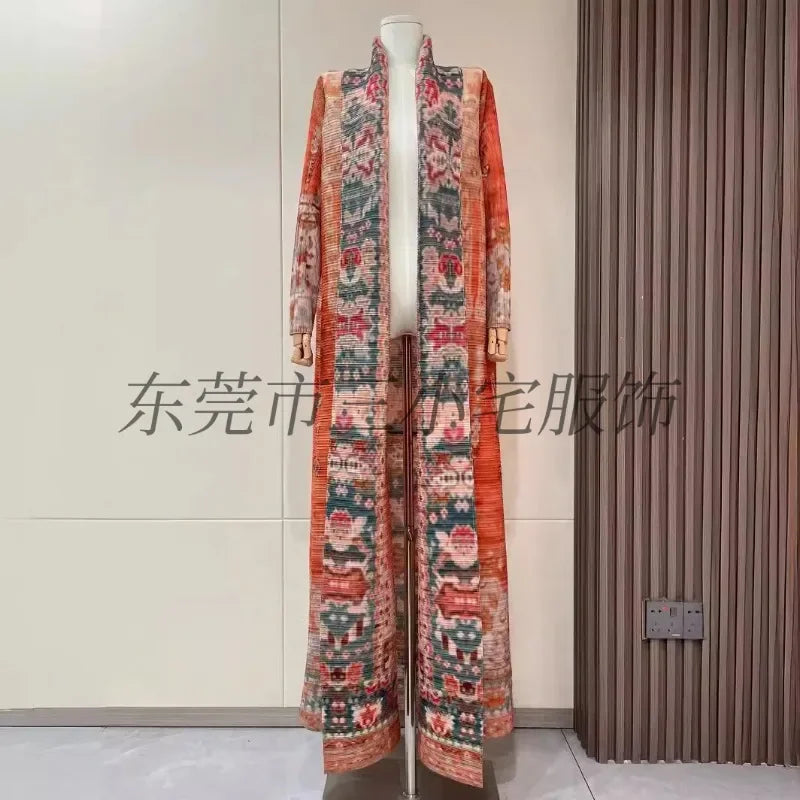 KAF Pleated Large Size Women Trench Coat 2024 Spring and Autumn New Vintage Printed Design Luxury Female Coat Arabian Abaya