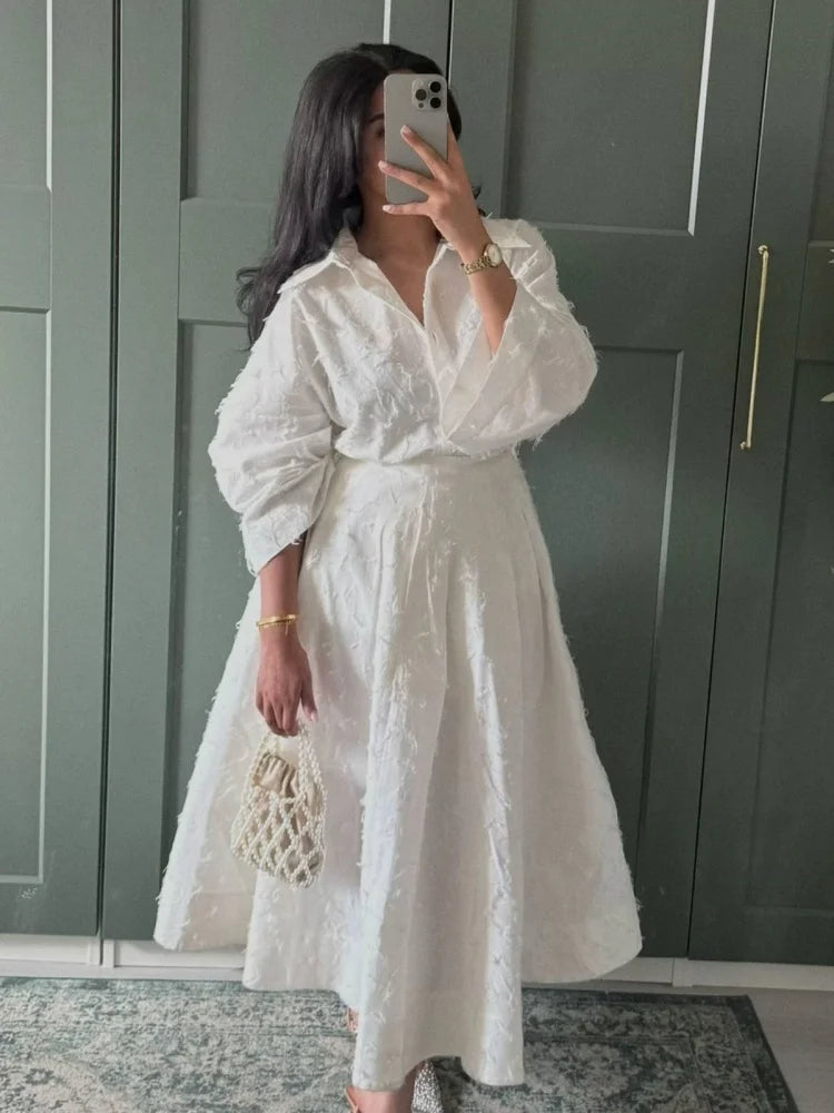 Street Shirt & Skirt Set – Women’s Turn-Down Collar Button Top with High Waist Pleated Skirt – Spring/Summer 2025
