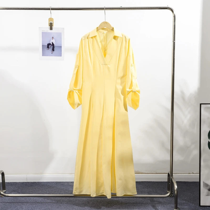 Elegant Lapel Waist-Cinched Pleated Shirt Dress – Women’s Half Sleeve Floor-Length Summer Style