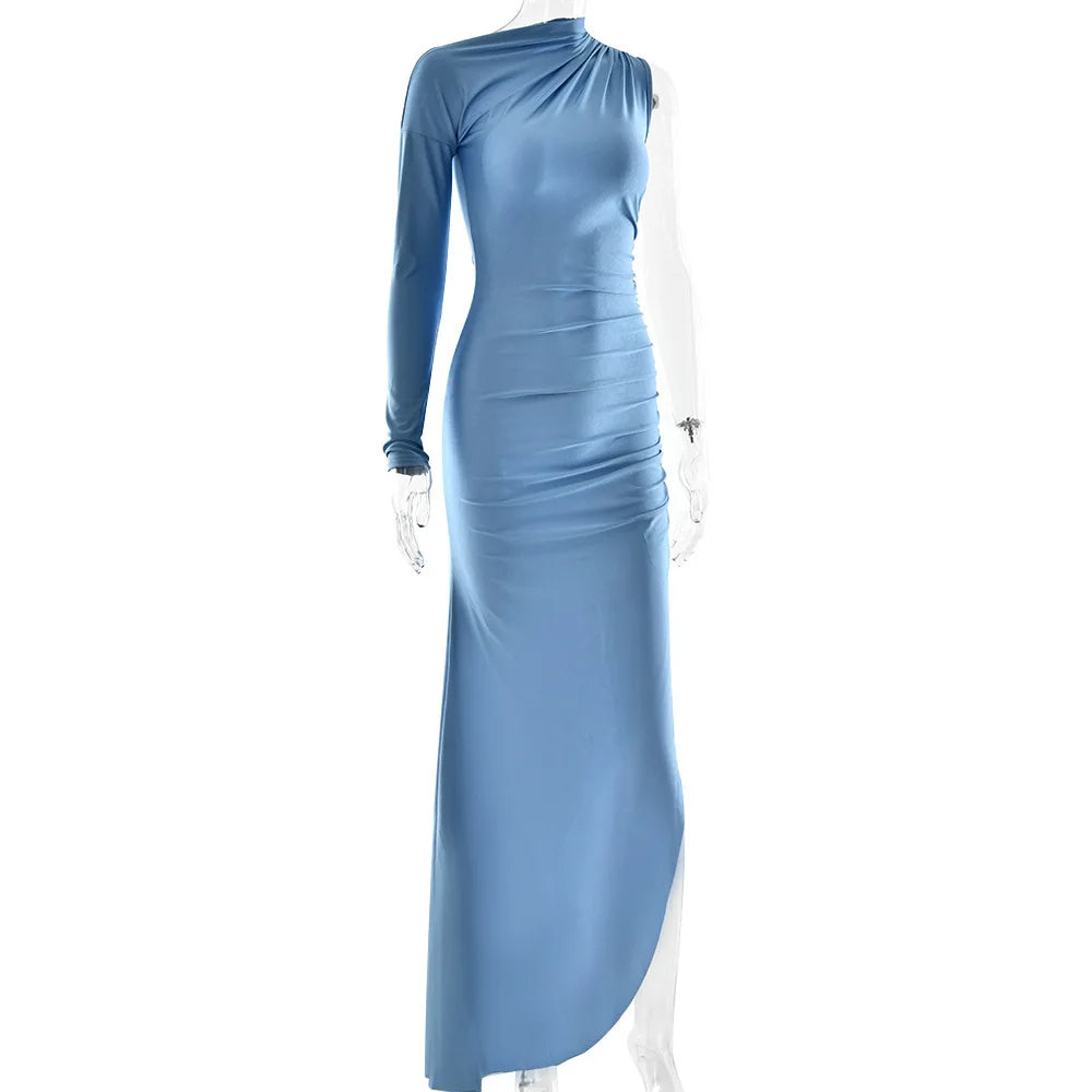 Articat Elegant Single Sleeve High Elasticity Tight Fold Dress Women New 2025 Winter Party Club Evening Dress Bodycon Vestdos