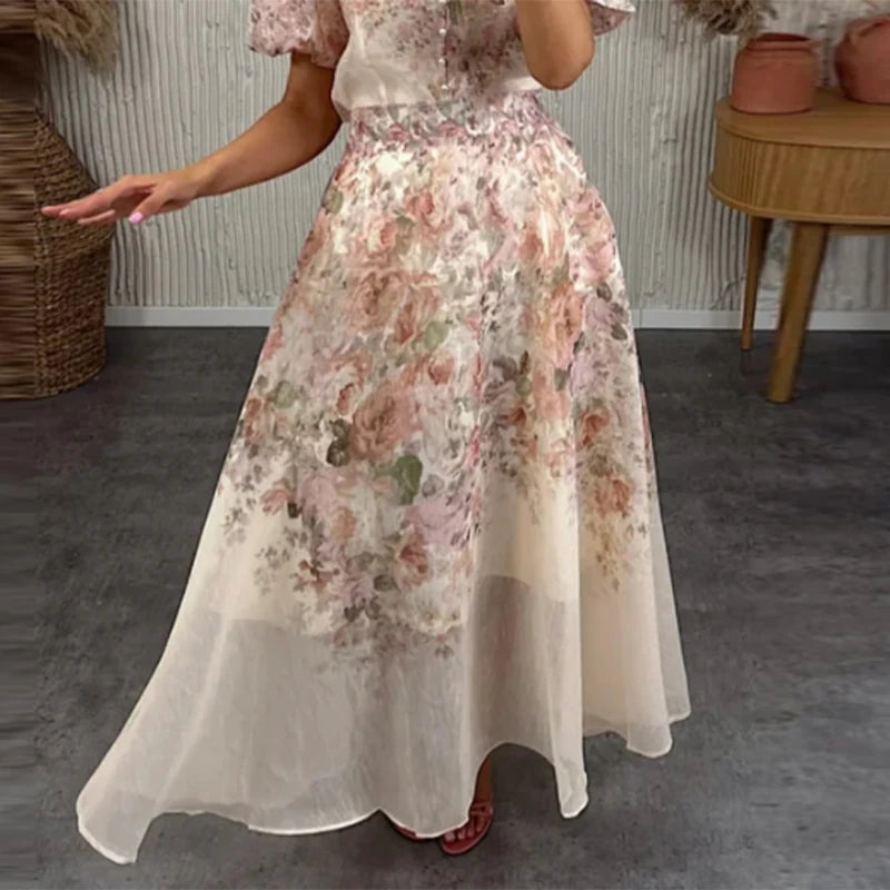 Floral Printed Two-Piece Skirt Set – Loose Full Sleeve Shirt & Pleated Maxi Skirt