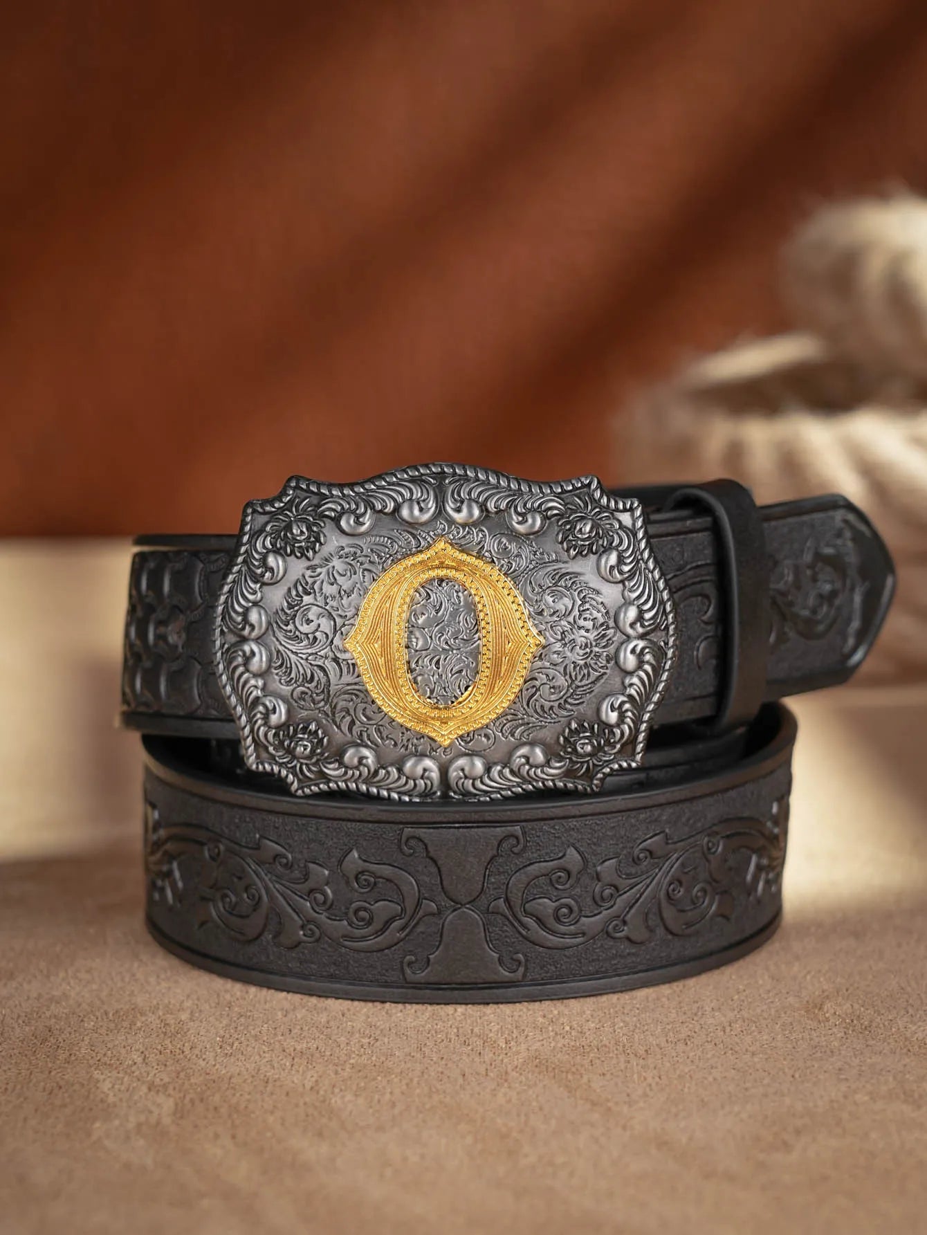 Western Cowboy PU Leather Belt - Men Waist Strap Bull Decoration Floral Engraved for Jeans