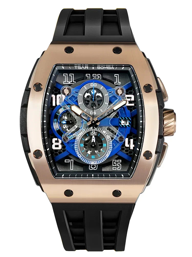 TSAR BOMBA Luxury Mens Watch Top Brand Wristwatch Tonneau Clock Rubber Strap Chronograph Sapphire Watches for Men