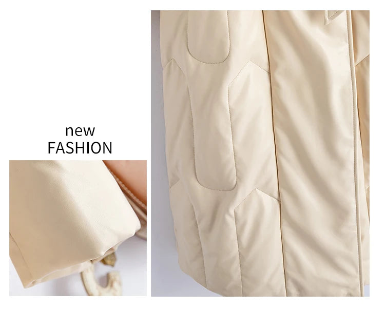 New Women Winter Leather Down Coat Fashion Real Fox Fur Collar Slim Waist Long Leather Coat Casual Thick Warm Overcoat