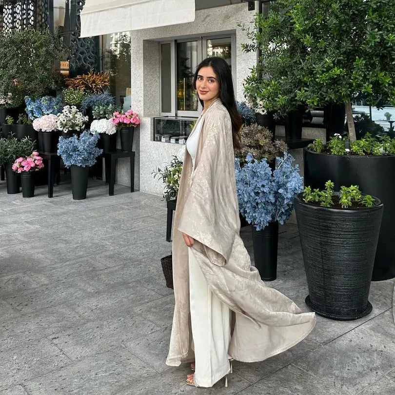 Dubai Luxury Shiny Satin Open Kimono Abaya – Muslim Kaftan Dress for Women