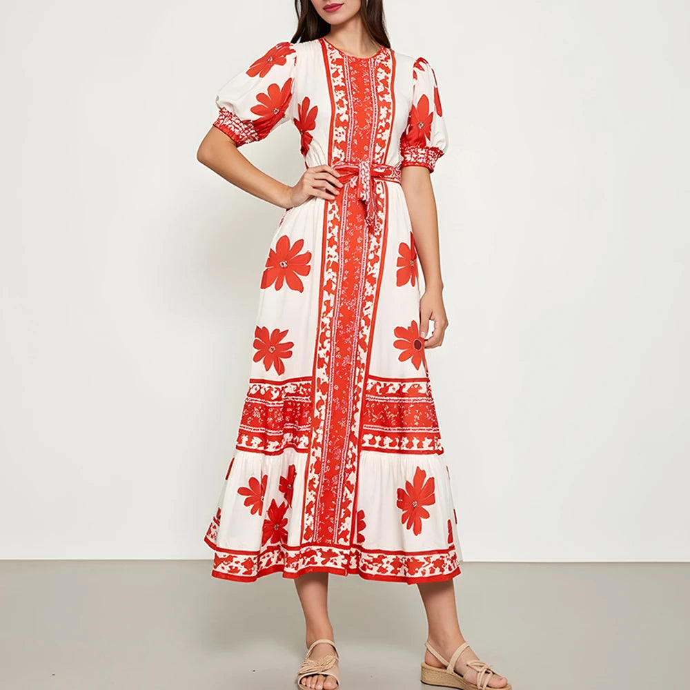 Rafiah Women's Dresses Summer Comfortable Elegant 2025 Floral Classic Short Sleeve Round Neck A-Line Midi Vacation Long Dress