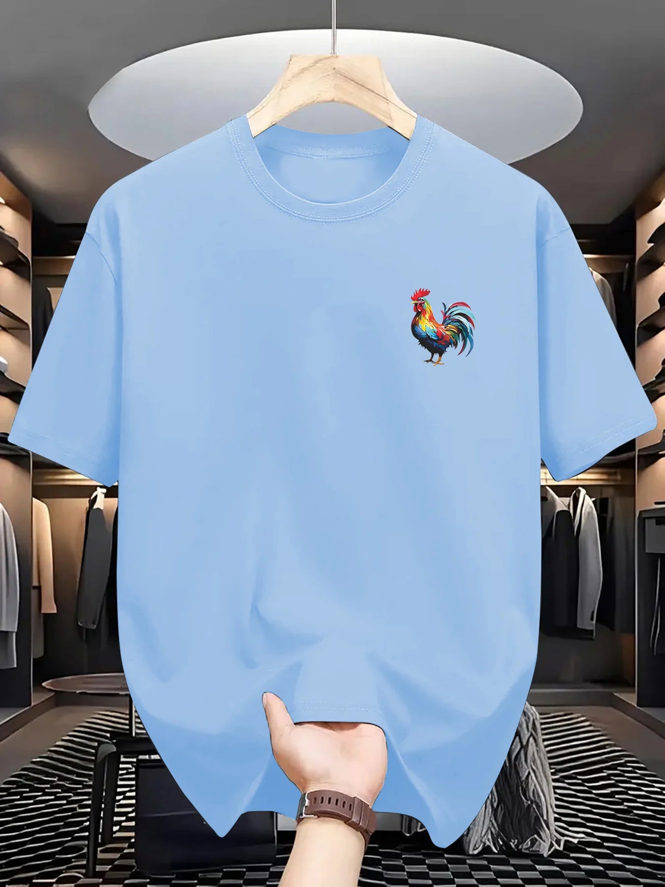 Men's summer 100% pure cotton fashionable casual loose sports bright rooster print round neck short sleeved T-shirt top