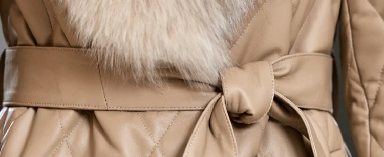 Women Winter Warm Sheepskin Long Down Jacket Belted Fox Fur Collar Elegant Lady Genuine Leather Overcoat Windproof Trench Coat