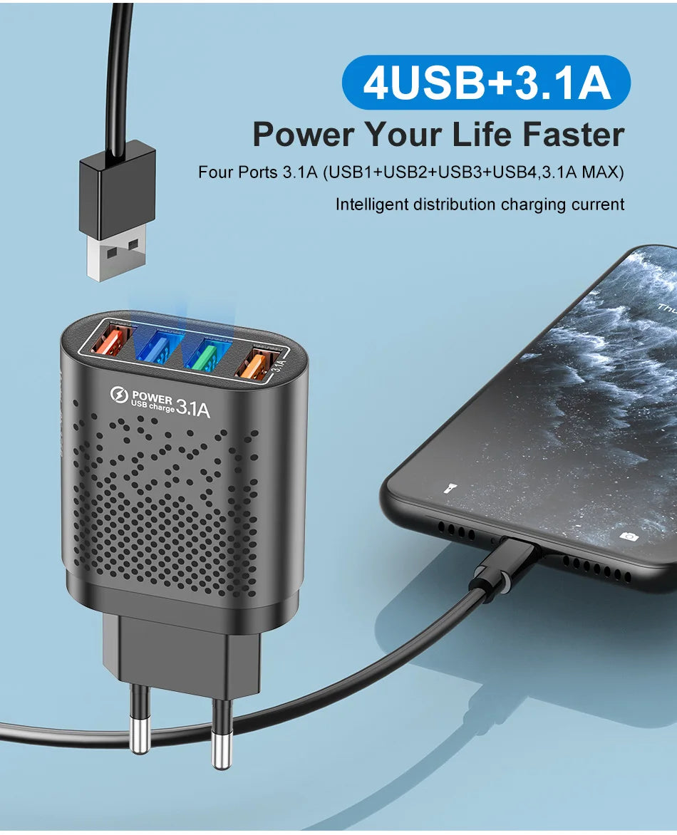 3.1A USB Charger Mobile Phone Adapter 4 Ports Multi Charger UK/US Plug Wall Charger For Huawei Xiaomi Redmi POCO Tablets Laptops