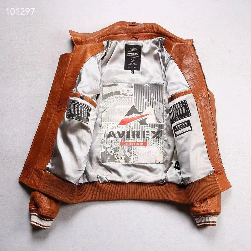 AVIREX new men's genuine leather jacket France 1.5 mm thick sheepskin embroidered crocodile pattern flight suit baseball coat