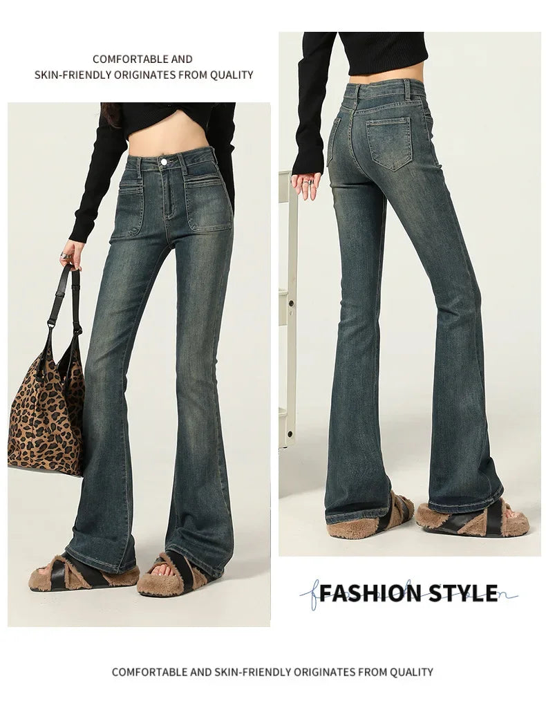 American Style Vintage Jeans Women's Slim Fit High Street Bootcut Pants 2024 Autumn Winter Slimming Petite Bootcut Trousers